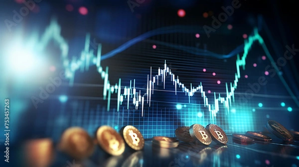 Fototapeta Bitcoin - Crypto - Financial graph - investment finance - business on growth - currency - insight chart market background of success - profit - trade - diagram - AI generated.