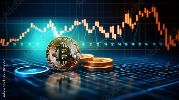 Fototapeta Bitcoin - Crypto - Financial graph - investment finance - business on growth - currency - insight chart market background of success - profit - trade - diagram - AI generated.