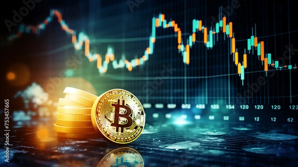 Fototapeta Bitcoin - Crypto - Financial graph - investment finance - business on growth - currency - insight chart market background of success - profit - trade - diagram - AI generated.