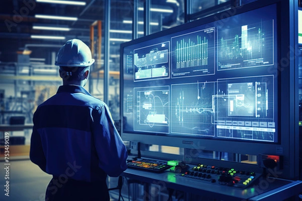 Obraz Smart industry robot for digital factory production technology showing automation manufacturing process of the Industry 4.0 or 4th industrial revolution and IOT software to control operation.