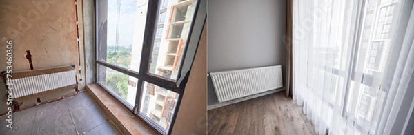 Fototapeta Comparison of apartment flat before and after restoration or refurbishment. Photo collage of old room with large windows and new renovated room with heating radiator, parquet floor and white walls.