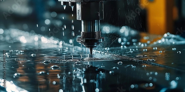 Fototapeta A detailed view of a CNC milling machine in action, precision cutting through a sheet of glass with metalwork set up process visible.