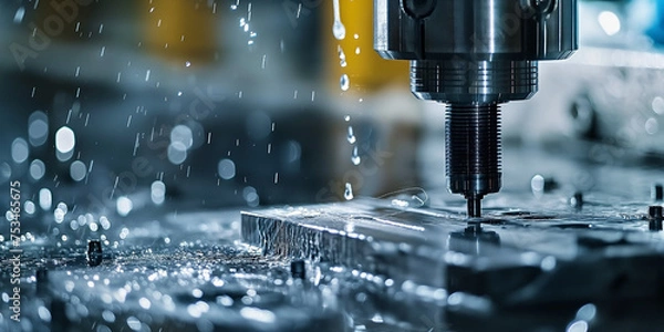 Fototapeta A detailed view of a CNC milling machine in action, precision cutting through a sheet of glass with metalwork set up process visible.