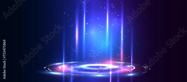 Fototapeta Portal i hologram nauka futurystyczne tło technologii. Cyfrowa, zaawansowana technologicznie scena science-fiction w świecącym projektorze HUD. Magiczna brama w grze fantasy. Okrągłe podium teleportacyjne. GUI, wirtualna rzeczywistość UI. Wektor