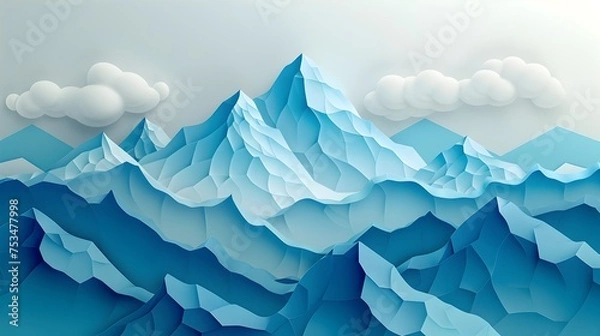 Fototapeta 3D Paper Art Blue Mountain Landscape with Clouds, To provide a unique and eye-catching visual for advertising, marketing, or home decor