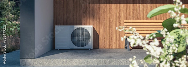 Obraz Air heat pump installed at a modern sustainable home - panoramic 3D visualisation