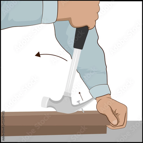 Fototapeta Using hammer to pull a nail out of a wood plank, closeup of hands holding the hammer and nail, caucasian person diy handyman workshop industry
