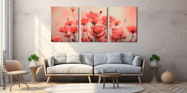 Fototapeta Floral artwork on triptych canvas with furniture in room.