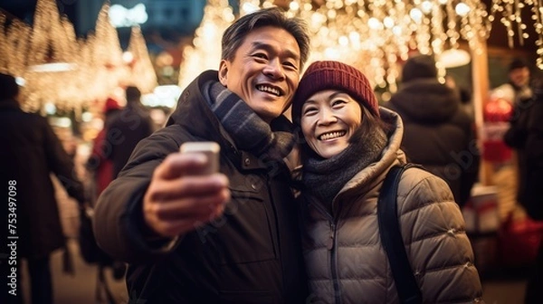 Fototapeta A Happy Couple Taking a Selfie with Their Cellphone, Fictional Character Created By Generated AI.