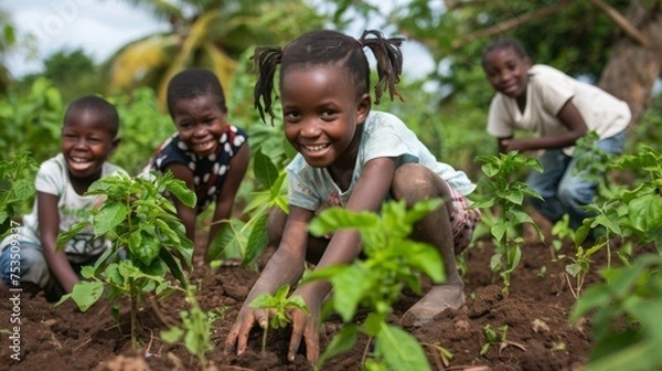 Fototapeta A group of happy African children are engaged in planting young seedlings in a fertile, green garden, showcasing joy and teamwork.