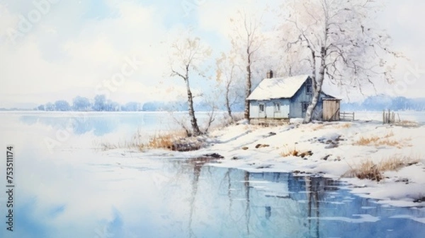 Obraz 冬の湖と小屋
