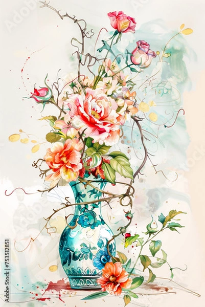 Obraz Flowers and vase, illustration for as a background.