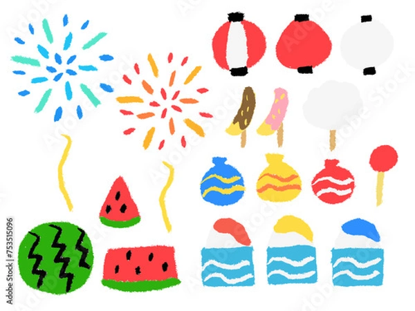 Fototapeta 子どもがクレヨンで描いたような手書き風の可愛い夏祭りのセット（ベクター版）