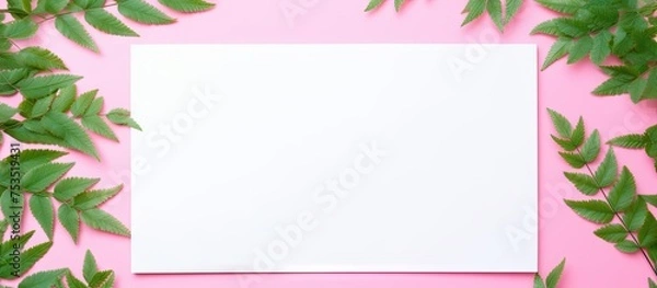 Obraz Freshness and Nature Concept with Blank Paper on Pink Background Surrounded by Lush Green Leaves