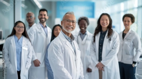 Fototapeta a team of proficient medical professionals, consisting of surgeons, doctors, and regulators, within a sleek corporate office backdrop. They are portrayed smiling, poised, and facing the camera