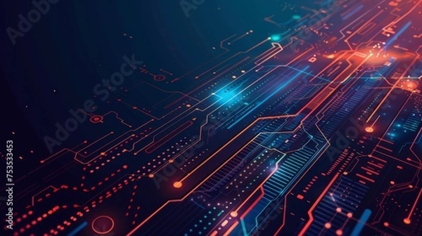 Obraz Illuminated Circuit Board: Abstract Tech Background in Red and Blue