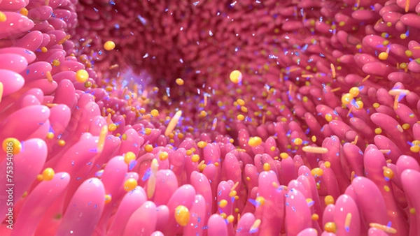 Fototapeta Obelisks, a virus-like entity living in the human gut and mouth. An obelisk consists of tiny rings of RNA formed into a rod-shape, together with bacteria (yellow). 3d conceputal illustration