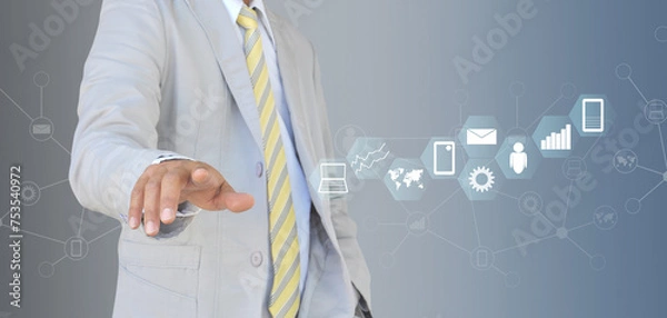 Fototapeta A hand of businessman and social network on tech