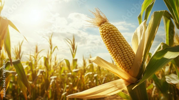 Fototapeta A close-up view of a fully developed ear of golden corn, with its kernels intact, growing in a healthy organic corn field