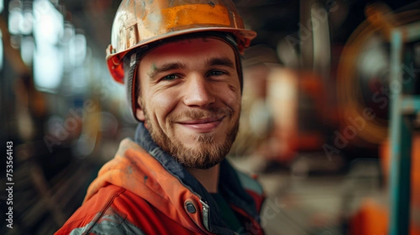 Fototapeta A construction worker in work clothes and a protective helmet smiles at the camera