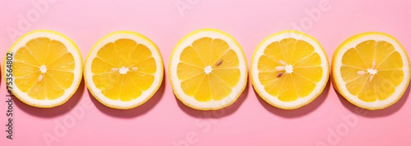 Fototapeta Five fresh lemon halves arranged in a row on a striking pink background, their vibrant yellow adding a pop of color to the zesty still life.