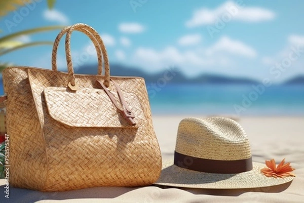 Obraz beach bag and hat. closeup
