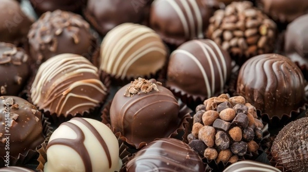 Fototapeta Sweet background filled with an assortment of chocolate pralines and chocolate bars. World chocolate day concept. Generative ai