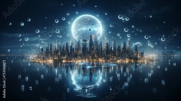 Fototapeta Futuristic cityscape with skyscrapers, towers, and flying vehicles in 3d scene illustration concept.