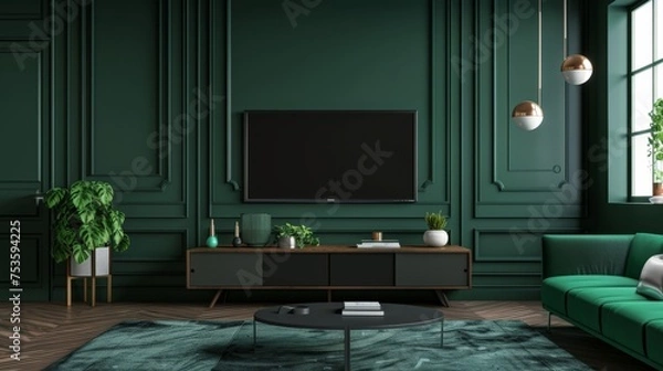 Fototapeta Living room with cabinet for tv on dark green color wall background.