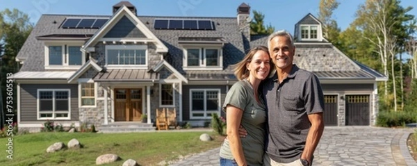 Fototapeta Middle age couple standing in front of their new large house with solar panels on roof.