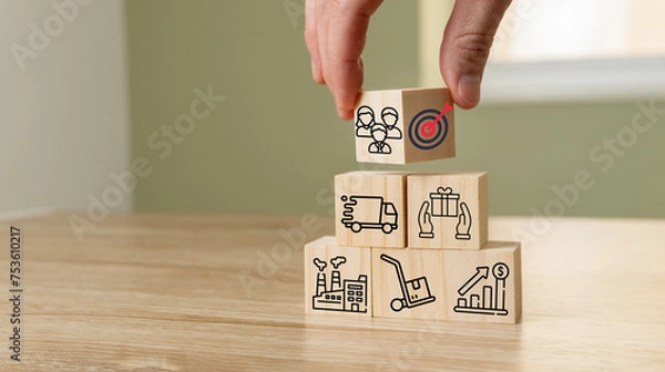 Fototapeta Supply chain management. Concept of the process of manufacturing and purchasing products, shipping logistics and delivery to the customer.