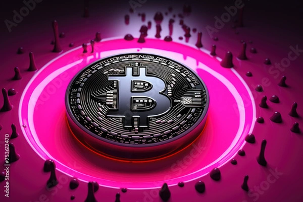Obraz Black bitcoin logo on pink background