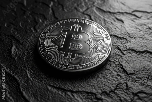 Obraz Black matte bitcoin logo on black stone surface