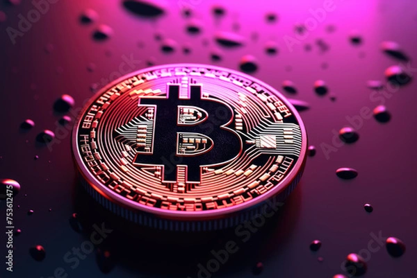 Obraz Bitcoin logo in pink tones with water drops