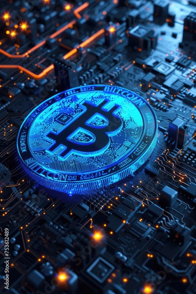 Obraz Blue glowing bitcoin logo placed on circuit board