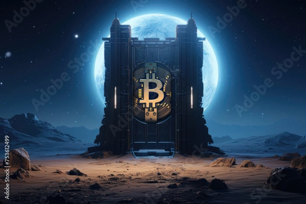 Obraz Bitcoin logo found on dark tower in moon lights