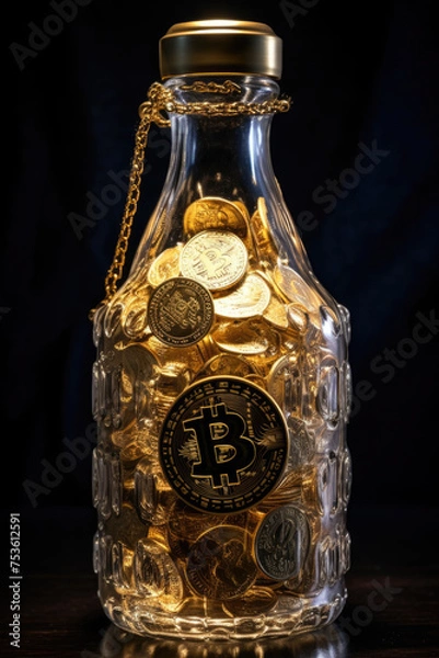 Obraz Golden Bitcoins in glass bottle