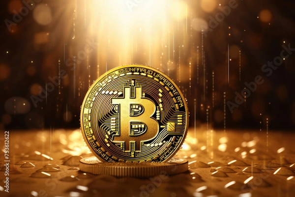 Obraz Bitcoin logo under rain in orange lights