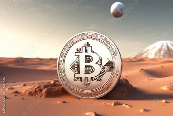 Obraz Silver disk found on some planet with bitcoin logo on it