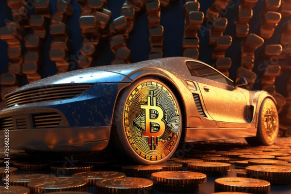 Obraz Concept golden car with bitcoin wheels