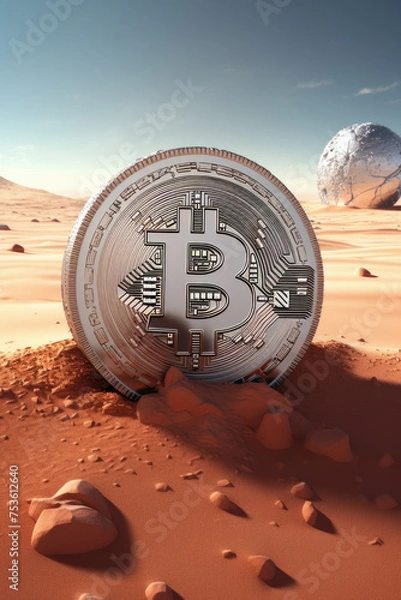 Obraz Silver disk found on some planet with bitcoin logo on it