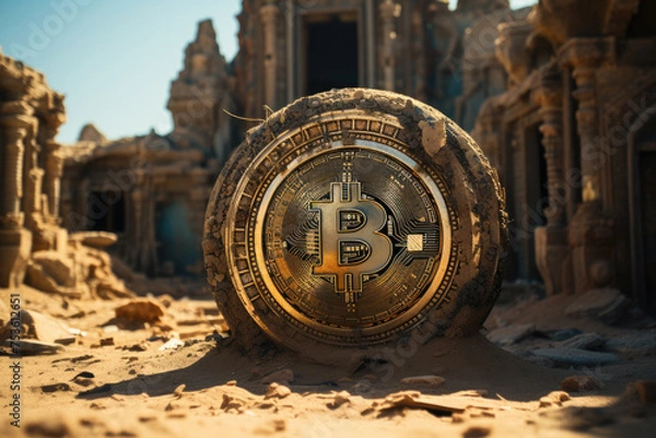 Obraz Ancient metallic disk with bitcoin logo on it