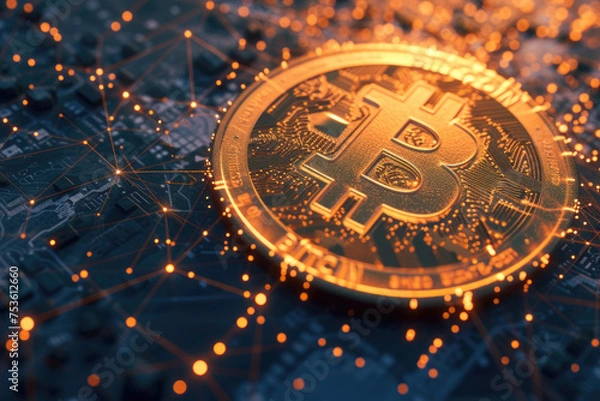 Obraz Orange bitcoin logo placed on circuit board with glow lights