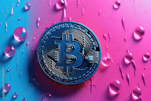 Obraz Bitcoin logo on pink and blue gradient background