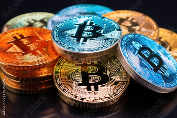 Obraz Colorful Bitcoins scattered on dark background