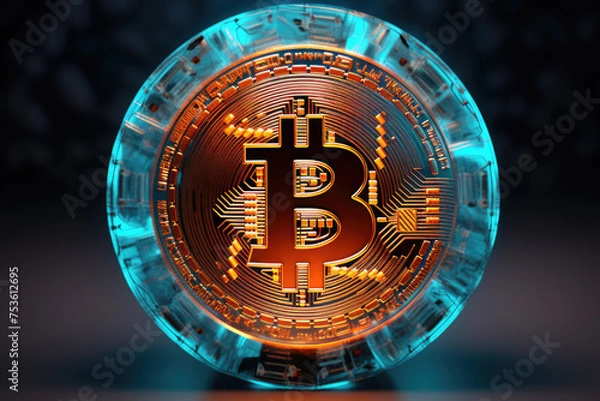 Obraz Bitcoin logo on transparent glass blue and orange disk