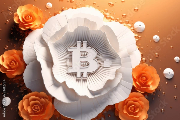 Obraz Bitcoin logo on white flower and orange background