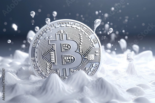 Obraz White bitcoin logo on shite snow background