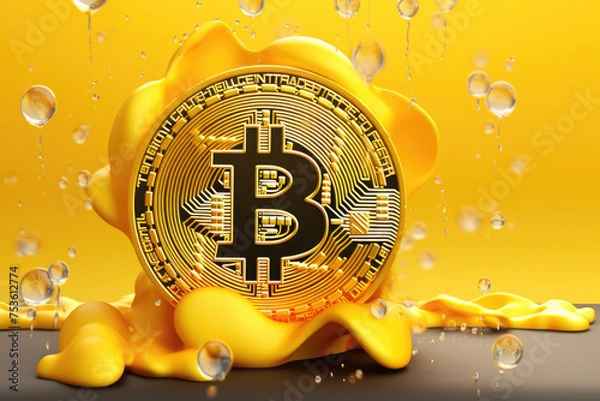 Obraz Golden bitcoin logo on yellow splash background