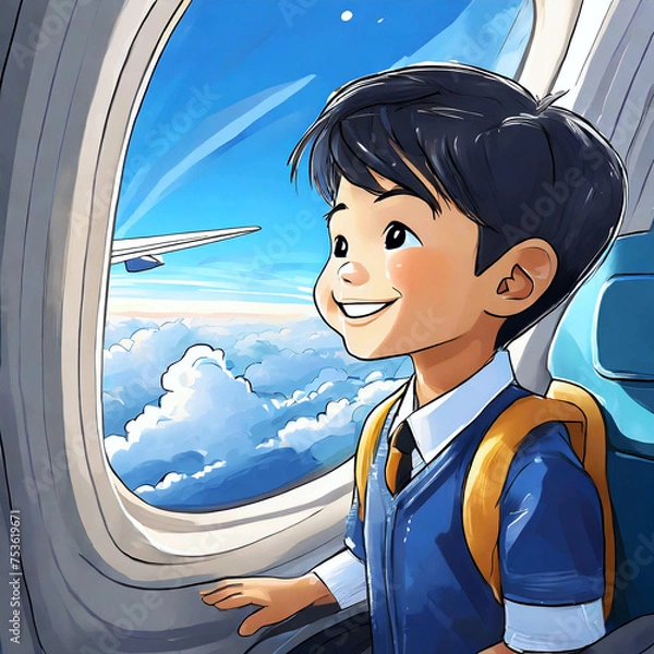 Fototapeta 비행기 밖을 보는 아이